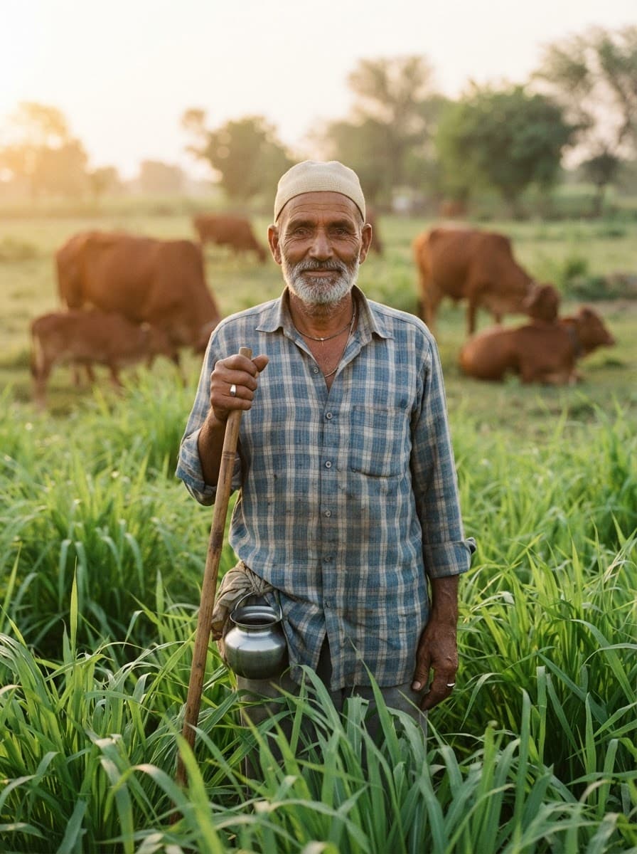Bashir Shaikh in his field with Sahiwal cows